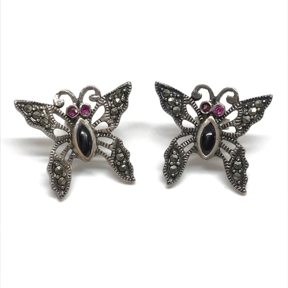 Jewelry - Vintage 925 Multi Gemstone Butterfly Earrings